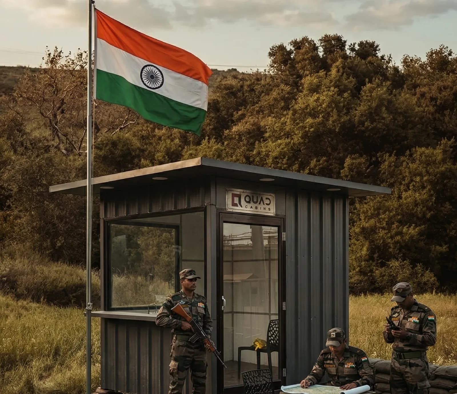 Security cabin at a defence post beneath the Indian flag